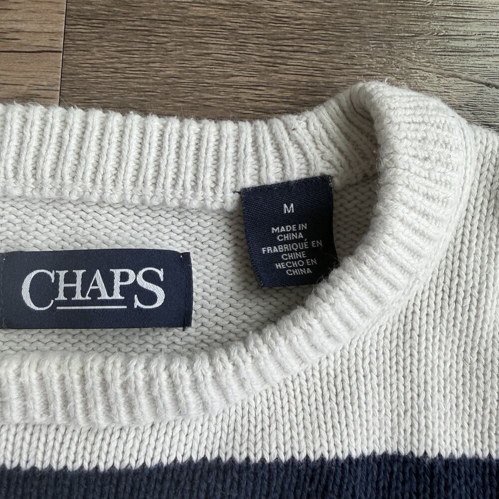 Chaps Sweater Mens M White Blue Stripe Heavyweight Knit Crewneck Preppy Cotton - Picture 4 of 9